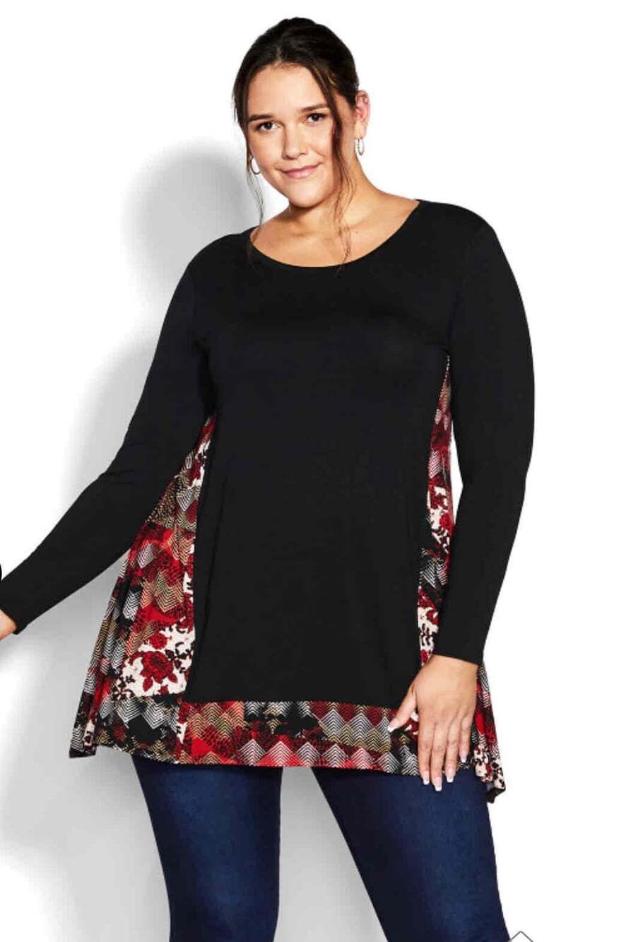 NWT Avenue Womens Plus Size 18 Black Rust Printed Long Sleeve Tunic Top